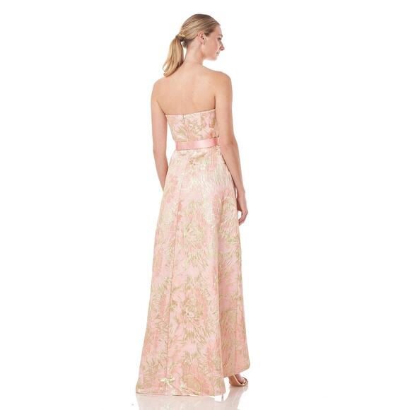 Kay Unger Blush Pink Gold Bella Floral Jacquard High-Low Gown 6 $398 No Belt - Picture 2 of 8